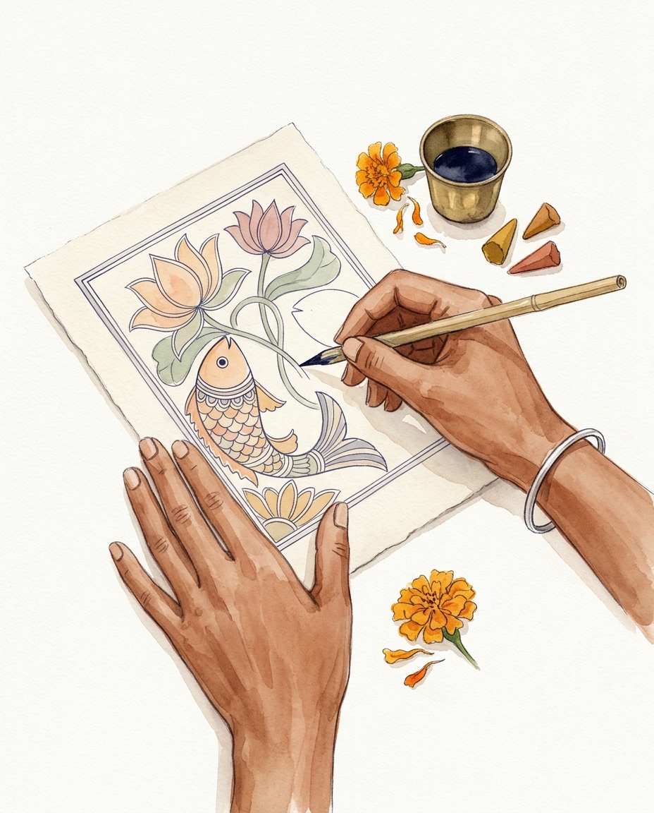 Brown hands working on Madhubani painting